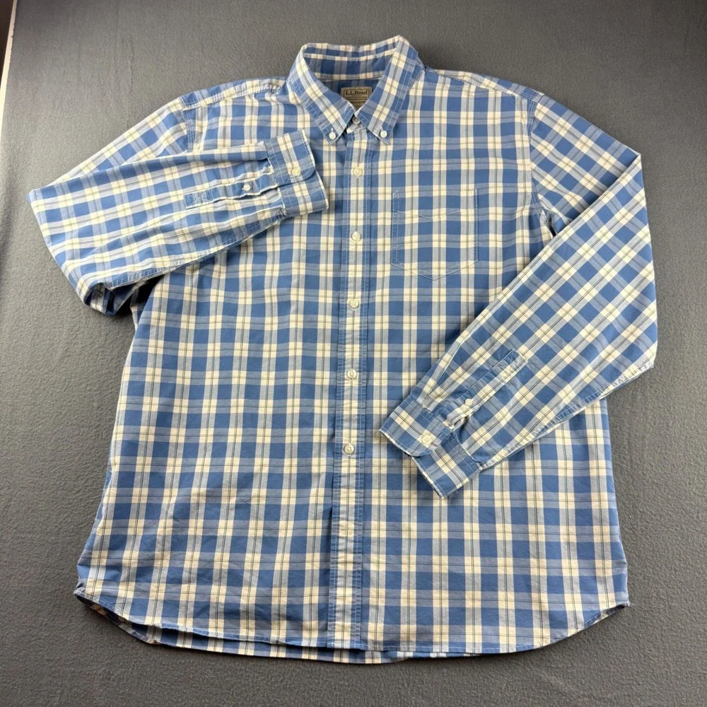 LL Bean Shirt Mens XL Blue Coolmax Wrinkle Res Plaid Oxford Slightly Fitted